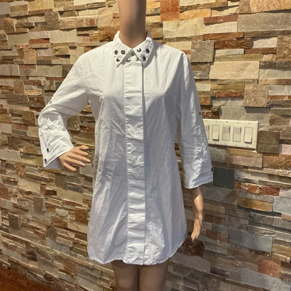 MAISON MARGIElA  White Button Down Shirt Dress with Silver Snaps